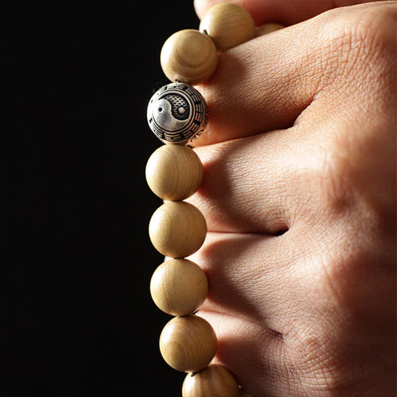 Buddha Stones Tibet Peach Wood Lotus Cinnabar Bagua Yin Yang Luck Wealth Bracelet
