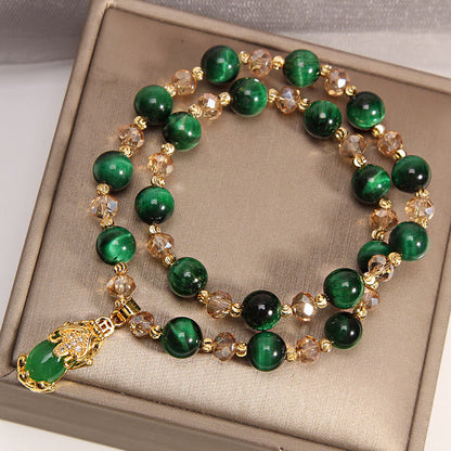 Buddha Stones Tiger Eye Pixiu Fox Money Bag Protection Self Confidence Double Wrap Bracelet