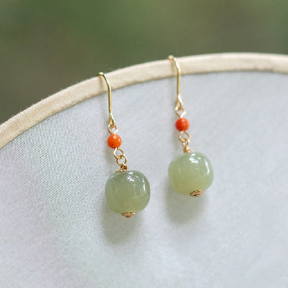 Buddha Stones 925 Sterling Silver Plated 14k Gold Hetian Jade Red Agate Luck Drop Dangle Earrings