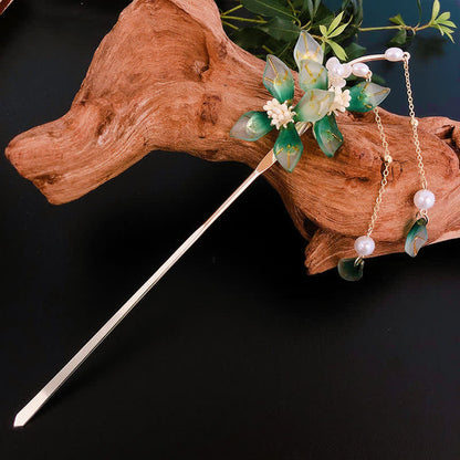 Buddha Stones Flower Leaf Pearl Peace Tassel Hairpin