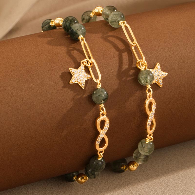 Buddha Stones 14k Gold Plated Copper Green Rutilated Quartz Möbius Loop Eternal Love Star Protection Bracelet
