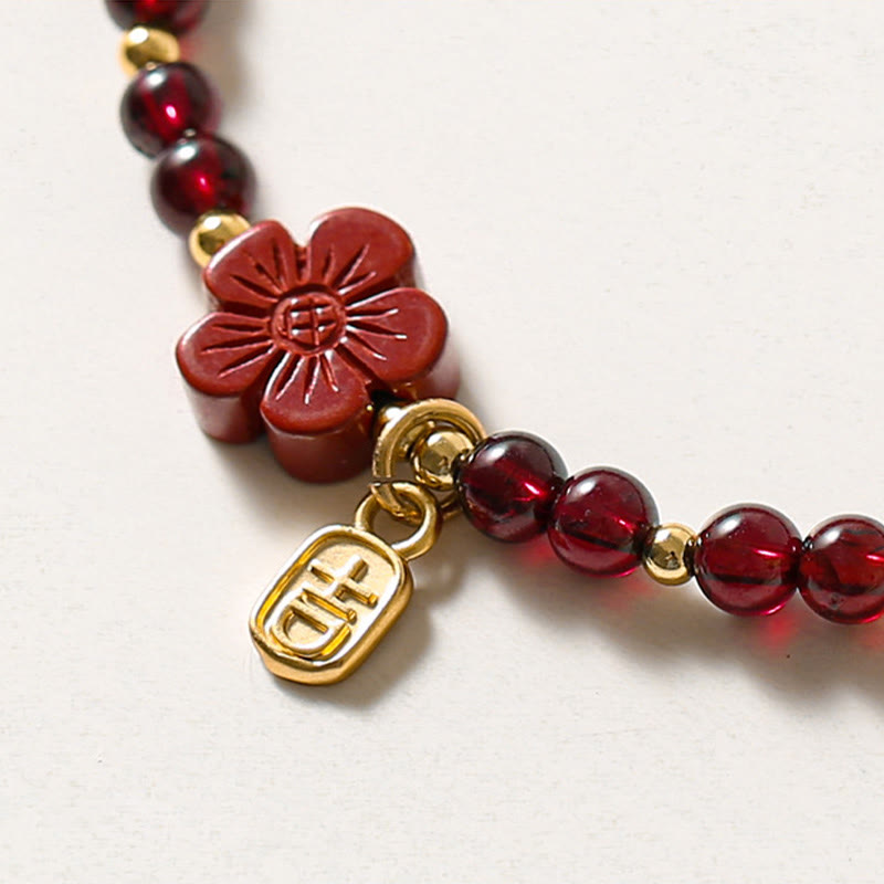Buddha Stones 14K Gold Plated Natural Garnet Cinnabar Flower Calm Bracelet