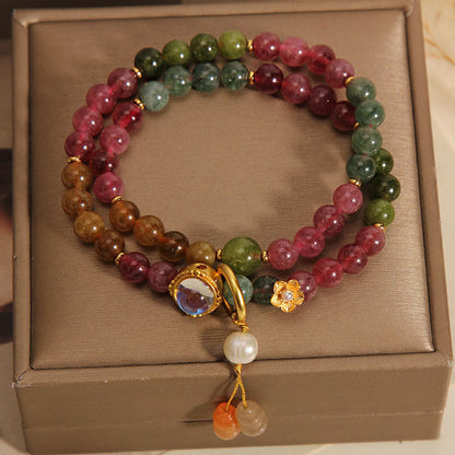 Buddha Stones Multicolored Tourmaline Positive Double Wrap Gourd Charm Bracelet