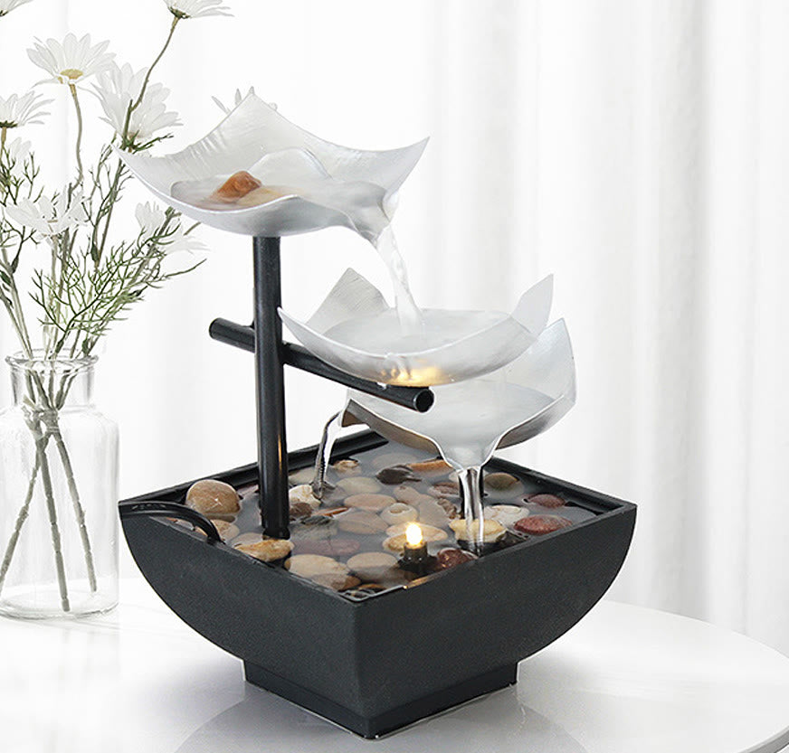 Buddha Stones Three Layers Waterfall Fountain Tabletop Lotus Ornaments With River Rocks Desktop Decoration