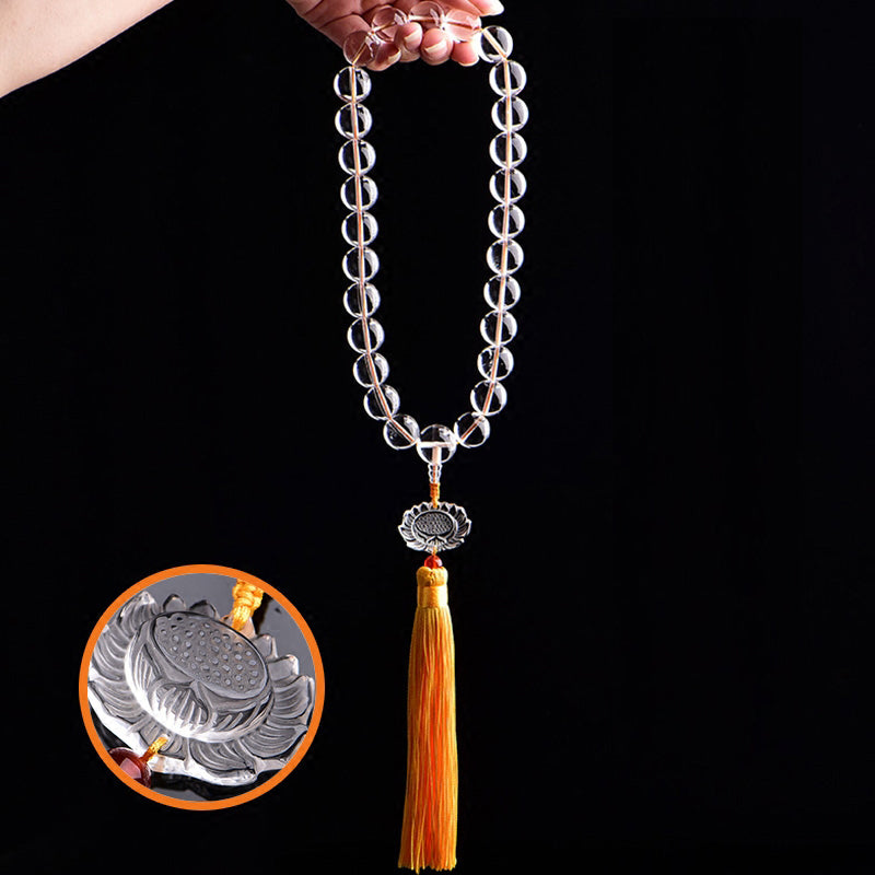 Buddha Stones Natural White Crystal Lotus Wrist Mala Meditation Tassels Pocket Mala Car Decoration