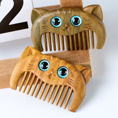 Buddha Stones Simple Cat Pattern Green Sandalwood Cure Portable Comb