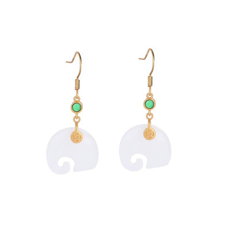 Buddha Stones FengShui Elephant White Jade Fortune Earrings