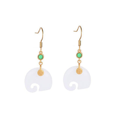Buddha Stones FengShui Elephant White Jade Fortune Earrings