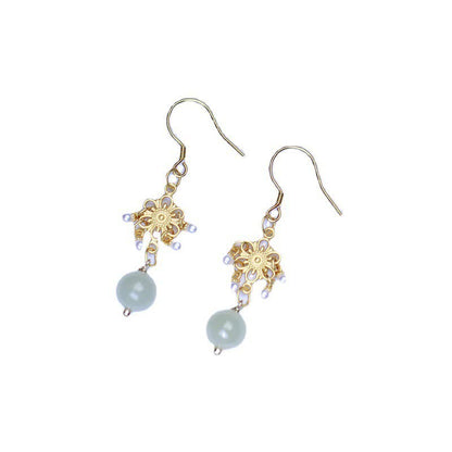 Buddha Stones Hetian Jade Flower Pattern 14K Gold Plated Luck Drop Dangle Earrings