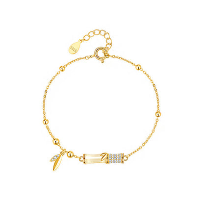 Buddha Stones 925 Sterling Silver 18K Gold Plated White Jade Bamboo Zircon Leaf Luck Bracelet