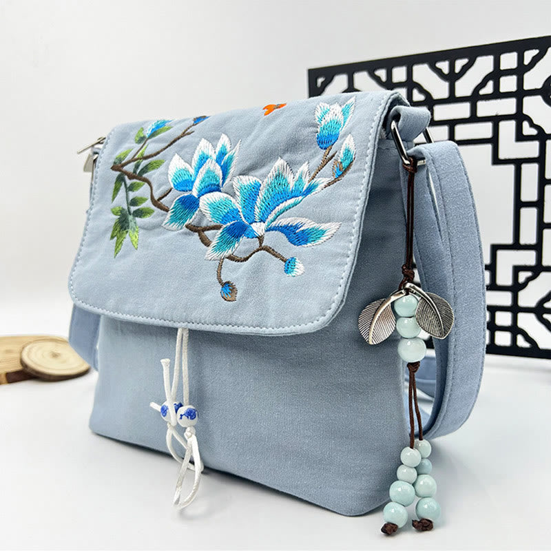 Buddha Stones Embroidered Camellia Epiphyllum Gardenia Sakura Flowers Crossbody Bag Shoulder Bag Cellphone Bag