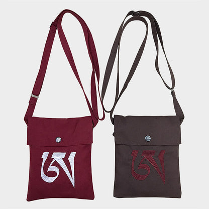 Buddha Stones Handmade OM Mantra Embroidered Spiritual Mind Practice Cotton Crossbody Bag Shoulder Bag Cellphone Bag