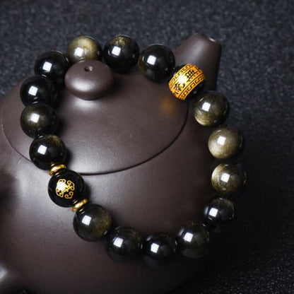 Buddha Stones Chinese Zodiac Natal Buddha Gold Sheen Obsidian Wealth Protection Bracelet