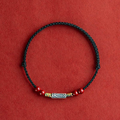 Buddha Stones 925 Sterling Silver Koi Fish Cinnabar Bead Wealth Handcrafted Braided Bracelet Anklet