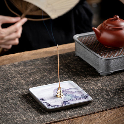 Buddha Stones Mountain Lake Flower Leaf Healing Ceramic Plate Tray Stick Incense Burner Decoration