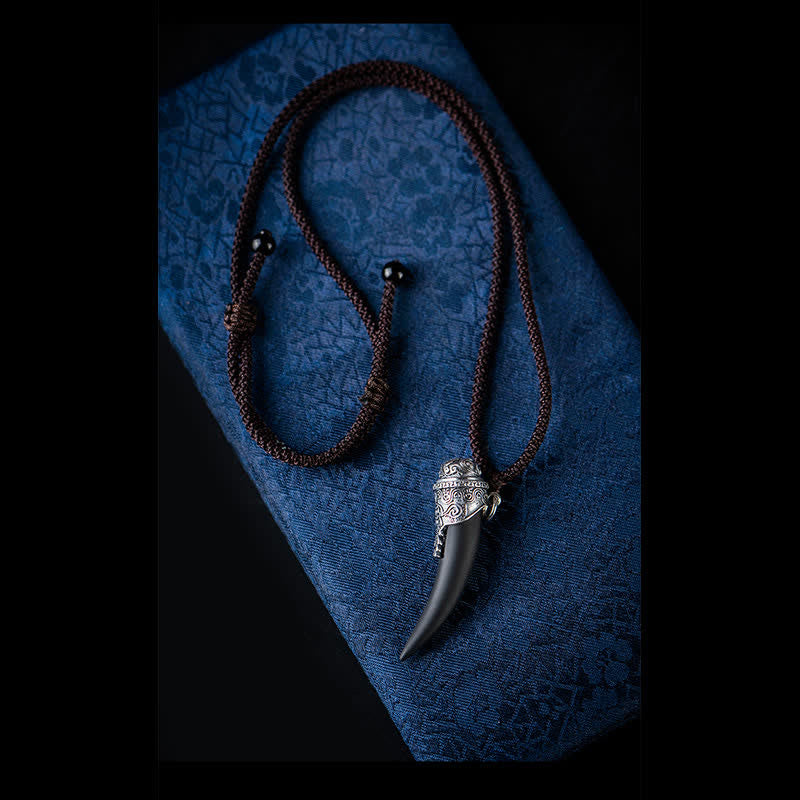 Buddha Stones 925 Sterling Silver Black Obsidian Wolf Tooth Pattern Strength Necklace Pendant