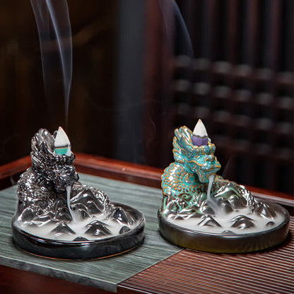 Buddha Stones Dragon Pattern Ceramic Backflow Smoke Fountain Incense Burner Decoration