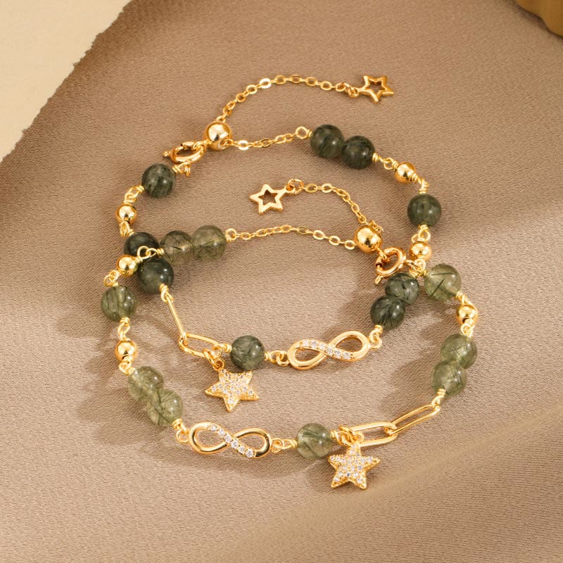 Buddha Stones 14k Gold Plated Copper Green Rutilated Quartz Möbius Loop Eternal Love Star Protection Bracelet