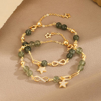 Buddha Stones 14k Gold Plated Copper Green Rutilated Quartz Möbius Loop Eternal Love Star Protection Bracelet