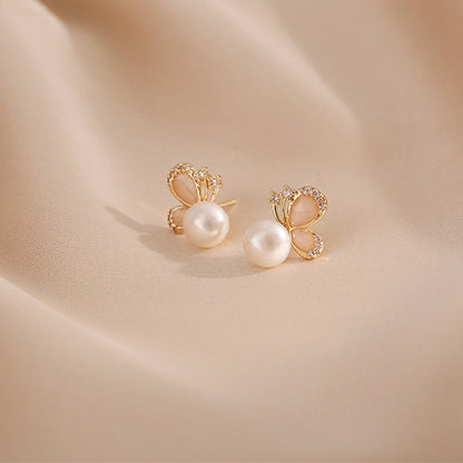 Buddha Stones 18k Gold Plated Pearl Butterfly Love Freedom Stud Earrings