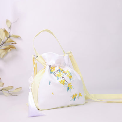 Buddha Stones Embroidered Osmanthus Peony Grape Cat Cotton Linen Tote Crossbody Bag Shoulder Bag Handbag