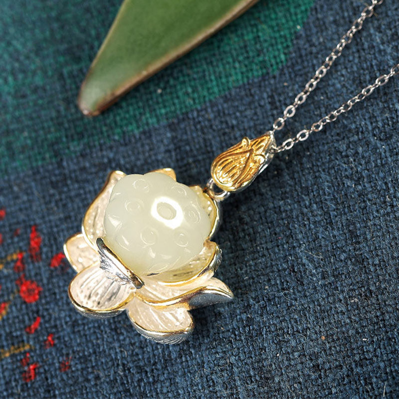 Buddha Stones White Jade Lotus Flower Happiness Necklace