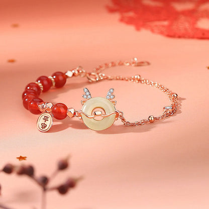 Buddha Stones 925 Sterling Silver Year of the Dragon Natural Red Agate Hetian Jade Peace Buckle Luck Success Bracelet (Extra 30% Off | USE CODE: FS30)
