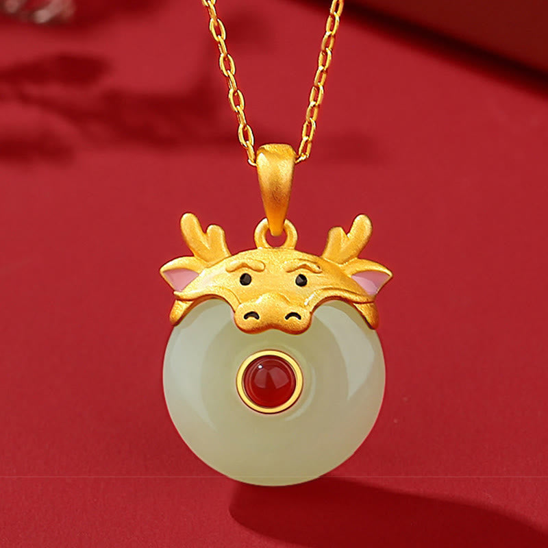 Buddha Stones 925 Sterling Silver Hetian Jade Chinese Zodiac Year of the Dragon Red Agate Luck Protection Necklace Pendant