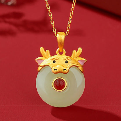 Buddha Stones 925 Sterling Silver Hetian Jade Chinese Zodiac Year of the Dragon Red Agate Luck Protection Necklace Pendant