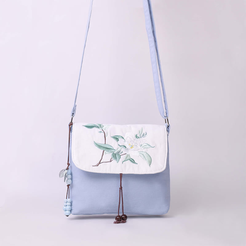 Buddha Stones Embroidered Camellia Epiphyllum Gardenia Sakura Flowers Crossbody Bag Shoulder Bag Cellphone Bag