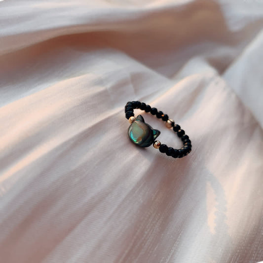 Buddha Stones Natural Tridacna Stone Lovely Cat 14K Gold Plated Blessing Ring