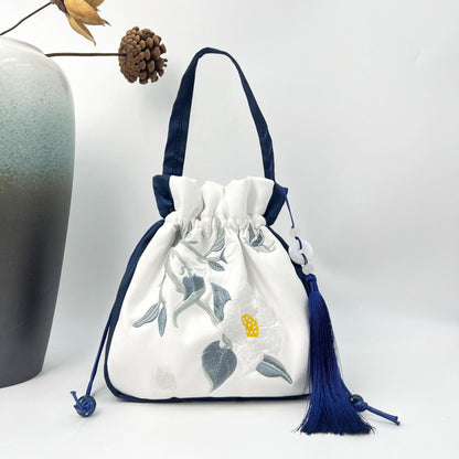 Buddha Stones Embroidered Lotus Koi Fish Crane Camellia Cotton Linen Tote Crossbody Bag Shoulder Bag Handbag