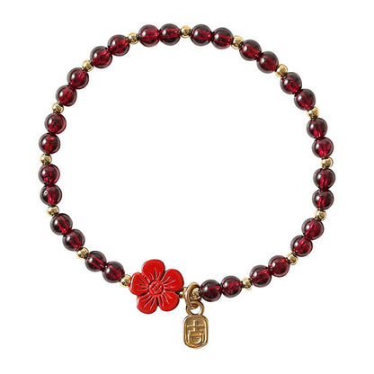 Buddha Stones 14K Gold Plated Natural Garnet Cinnabar Flower Calm Bracelet