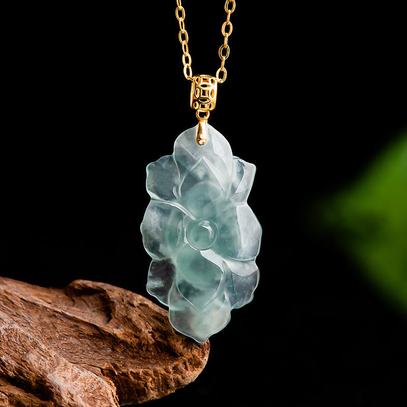 Buddha Stones 925 Sterling Silver Chain 18K Gold Buckle Natural Jade Lotus Pattern Prosperity Necklace Pendant