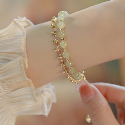 Buddha Stones 14K Gold Plated 2 Layers Hetian Jade Bead Luck Prosperity Bracelet