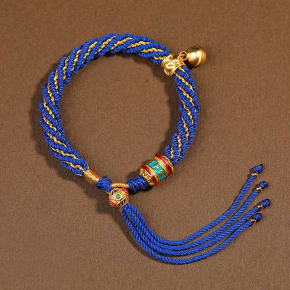 Buddha Stones Tibetan Handmade Luck Protection Thangka Prayer Wheel Bell Charm Braid String Bracelet