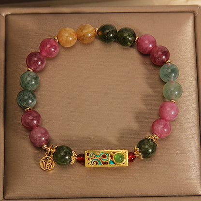 Buddha Stones Colorful Tourmaline Positive Fu Character Charm Bracelet