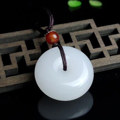 Buddha Stones Round Hetian White Jade Peace Buckle Blessing Necklace Pendant